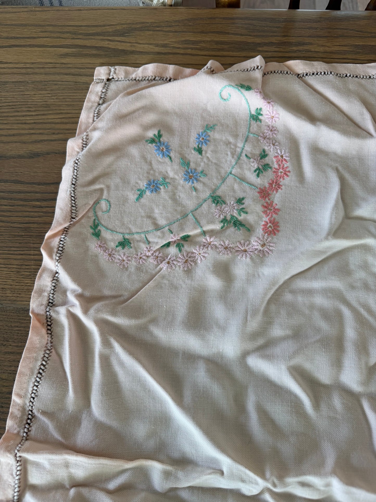 Peach vintage hand-embroidered cotton table topper