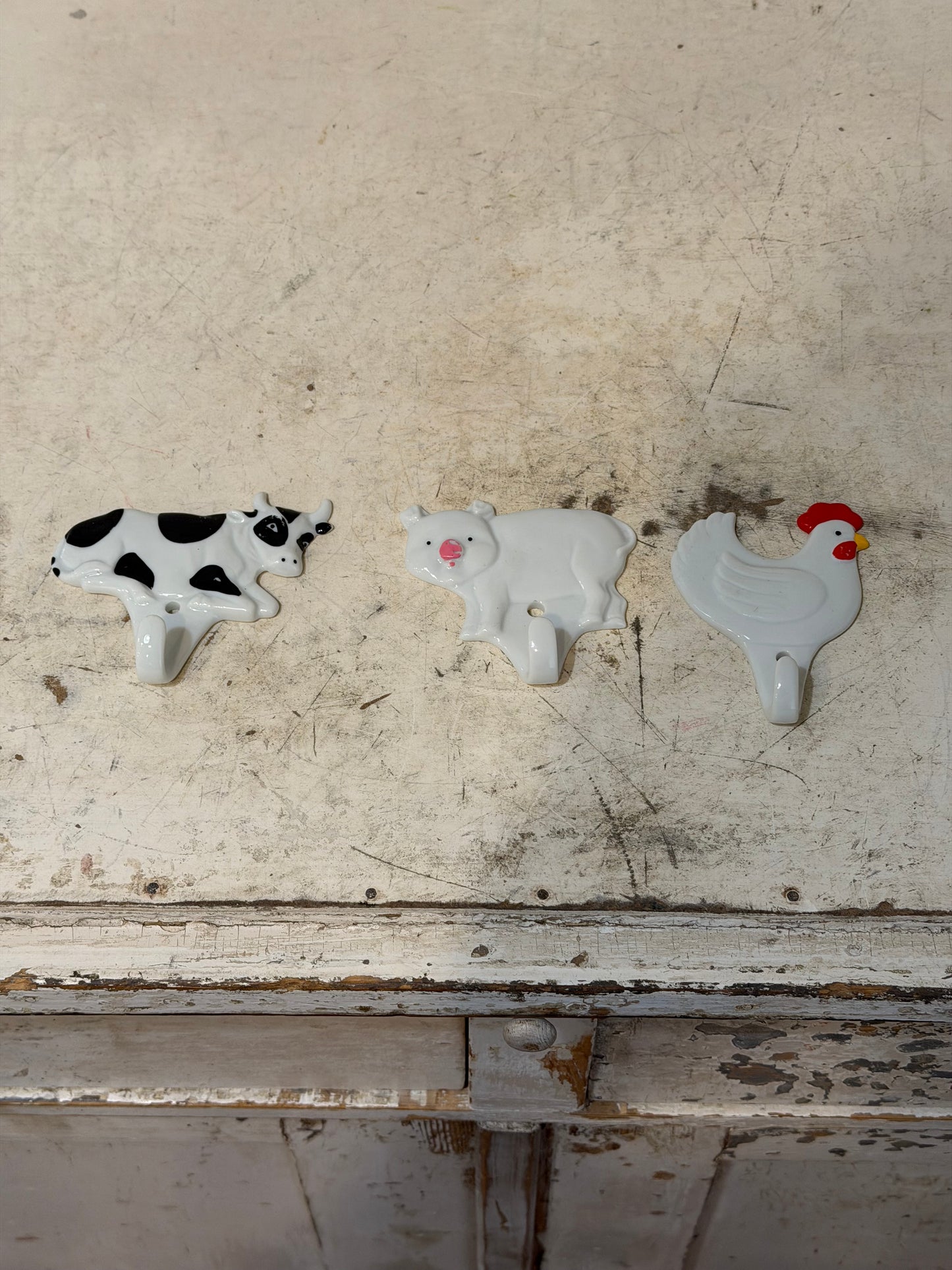 Vintage set Ceramic Farm Animal Wall Hooks -Pig, Cow, Chicken Japan
