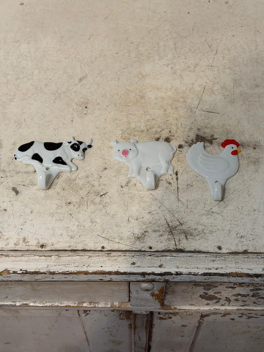 Vintage set Ceramic Farm Animal Wall Hooks -Pig, Cow, Chicken Japan