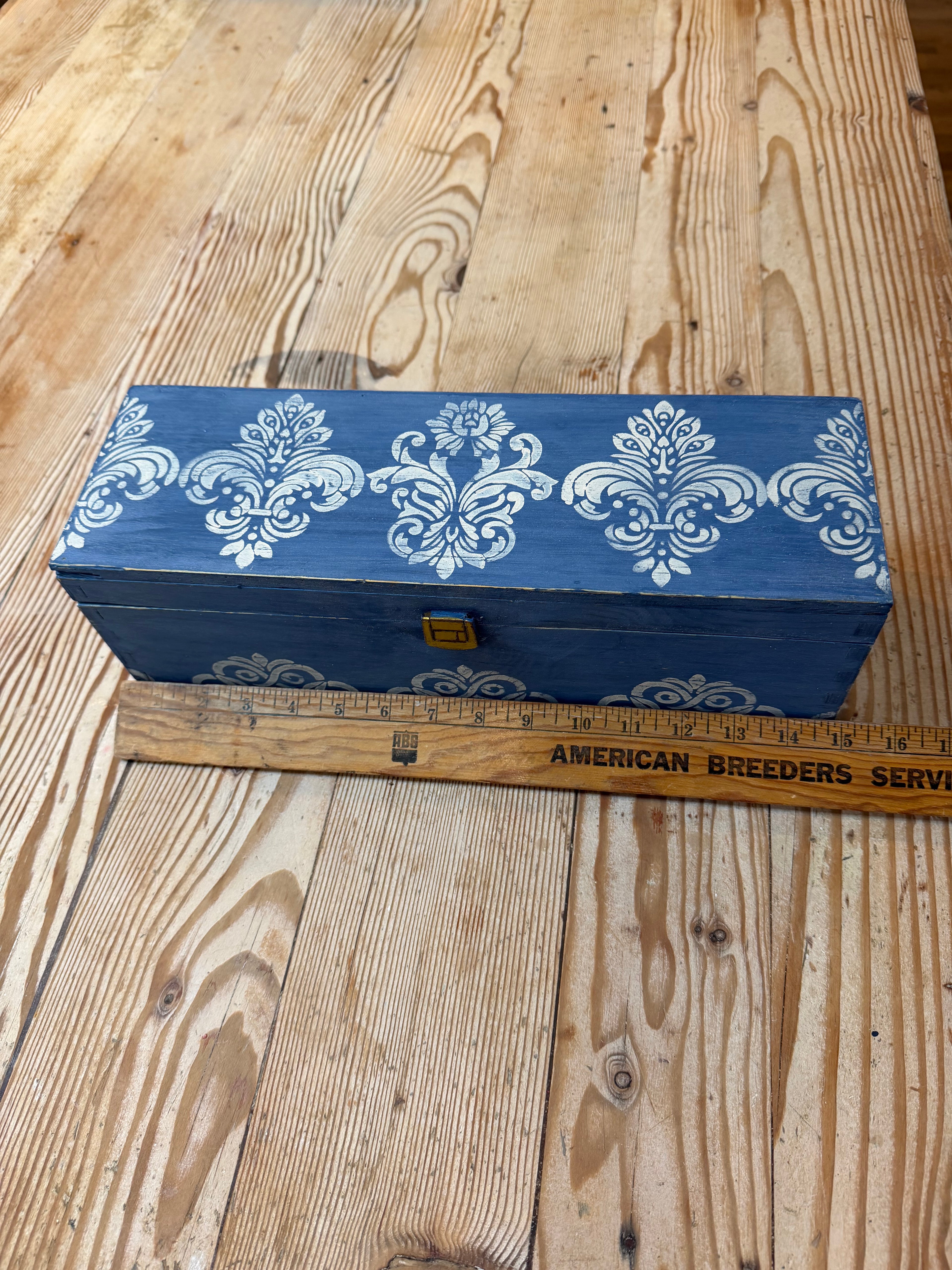 Vintage Wood Trinket Box Painted in Federal Blue milk Paint With Damask Stencils