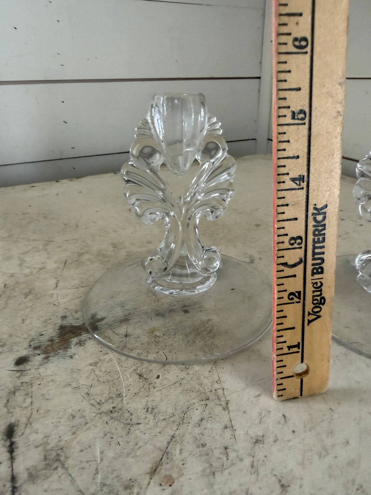 Pair Vintage 1940s Martinsville Glass Candlesticks "Janice" Pattern