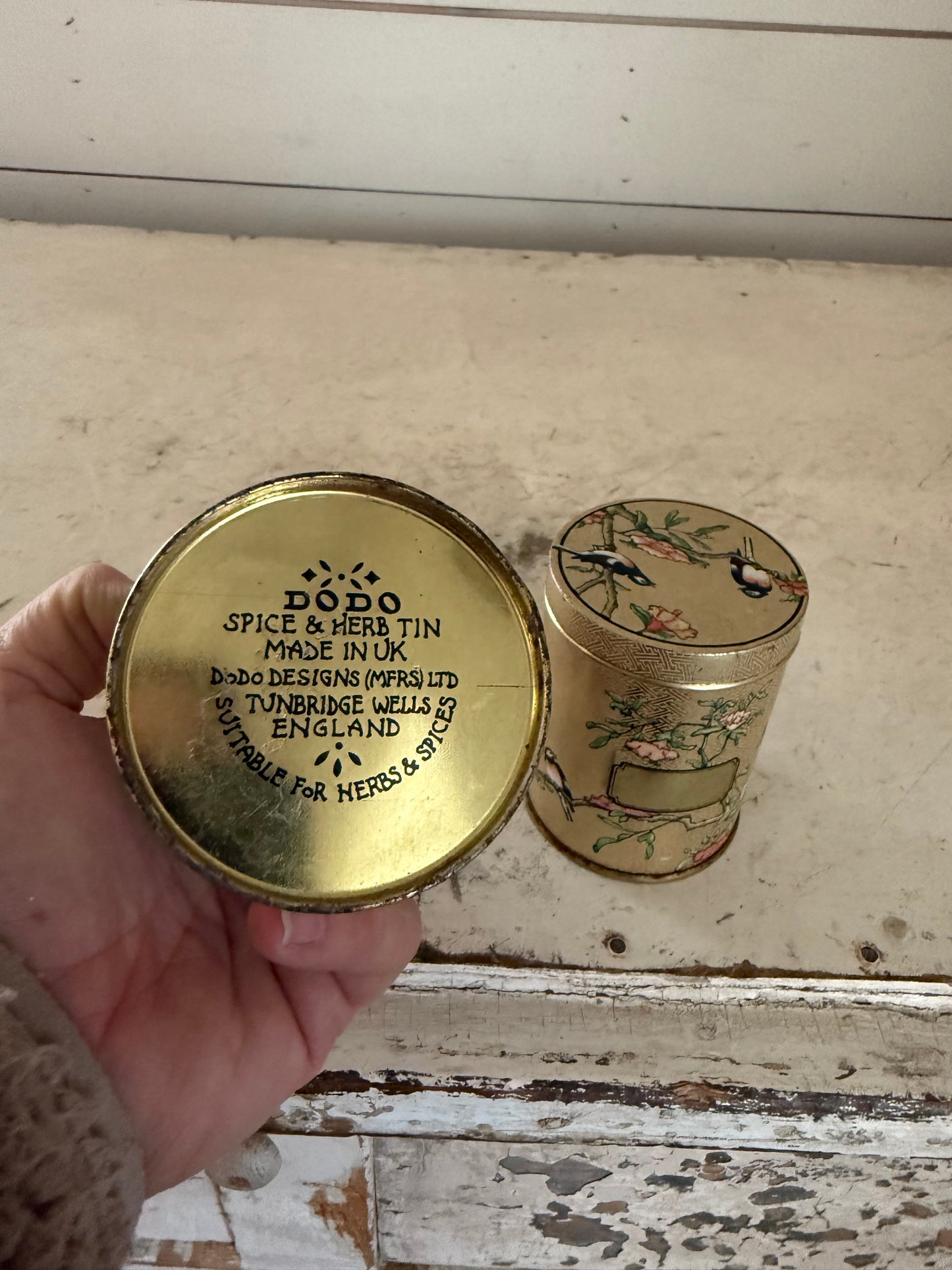 Small Vintage Spice Tin, DoDo Designs Made in Tunbridge Wells England, Bird & Floral Design 3" Gold Tin - sold individually