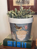 Galvanized pot hand painted with transfers greenery and book not included