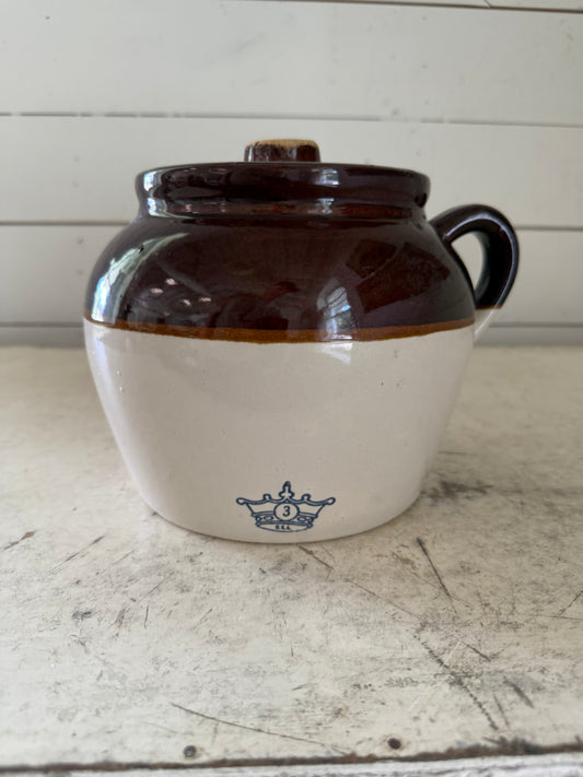 Vintage Number Three Bean Crock has small chip in lid