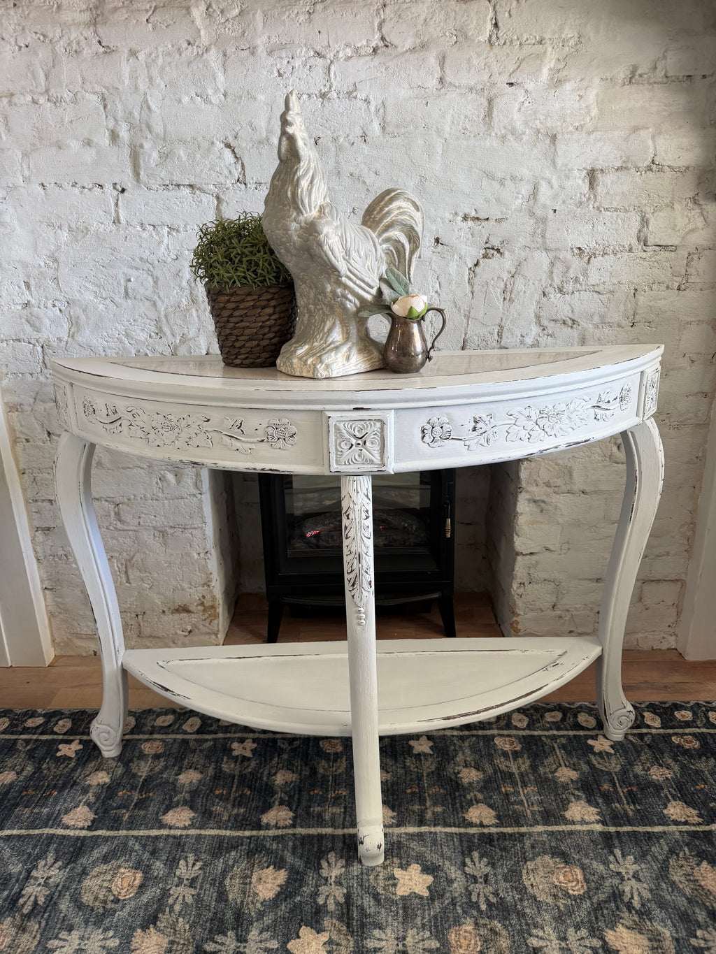 White Distressed Sofa Table with marble top