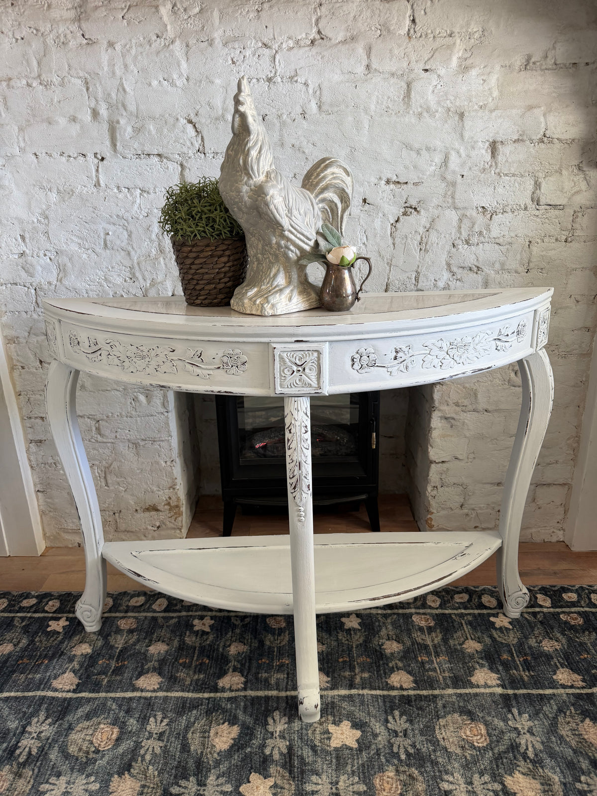 White Distressed Sofa Table with marble top