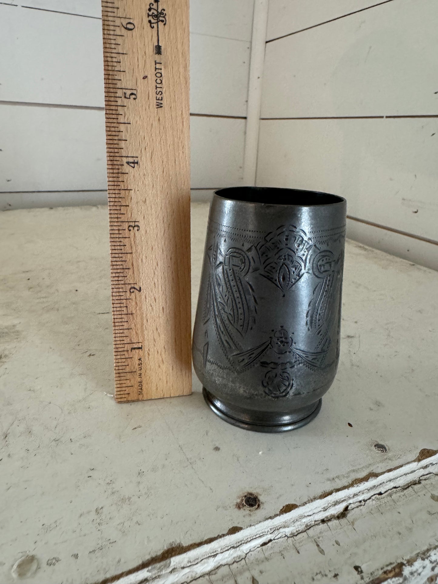 J.K & Co Pewter Teacup With Engraved Markings