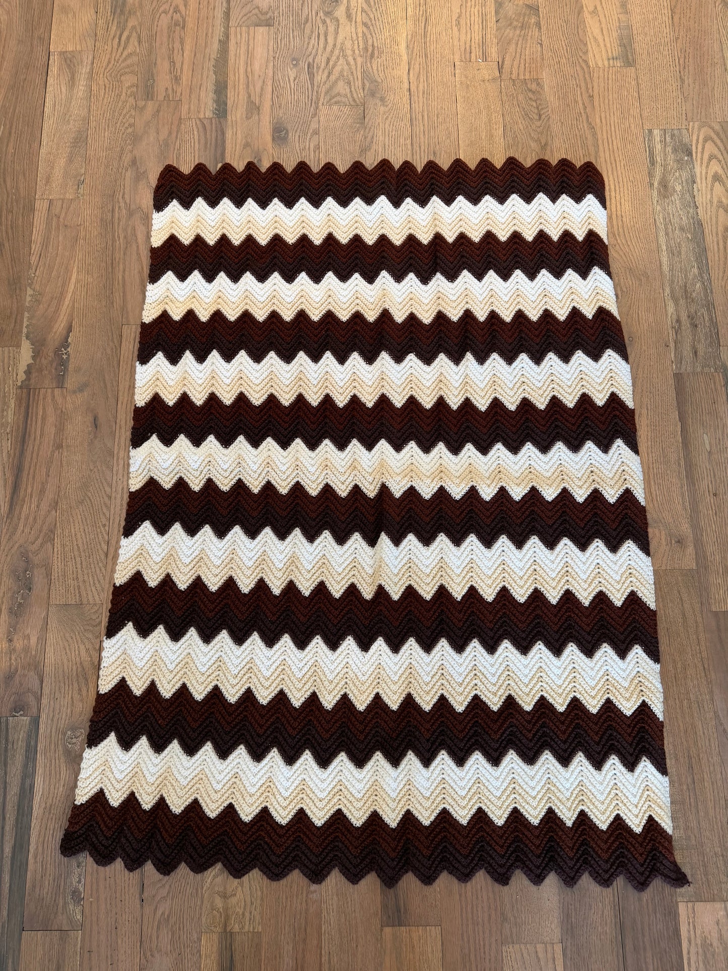 Brown, white and cream zigzag Afghan