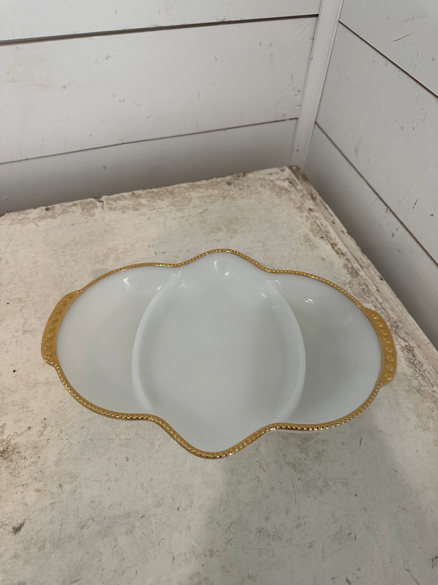Anchor Hocking Fire King Milk White Glass Gold Trim Divided Dish