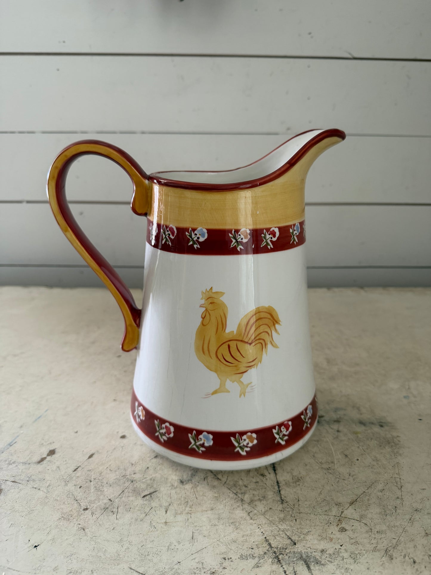 Waverly Coq-a-Doodle Do hand-painted ceramic pitcher has crack