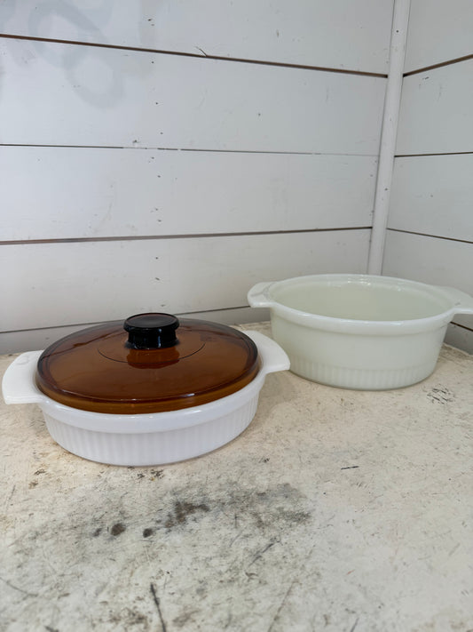 Vintage Fire King White Ribbed Baking Dish with Lid, Anchor Hocking - Sold individually