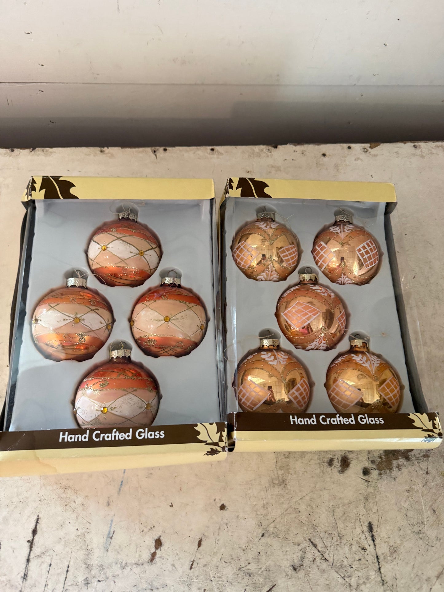 Hand-painted vintage ornaments two boxes
