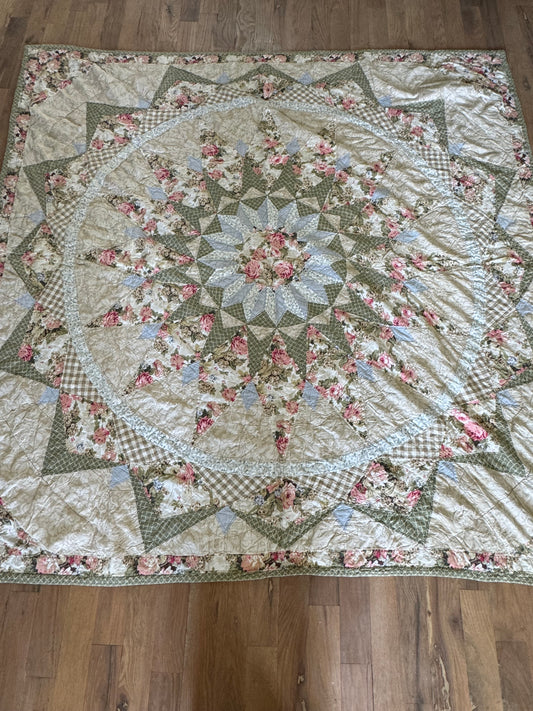 Queen - Vintage Handmade Lone Star Quilt Rose Floral Shabby Chic Pieced Patchwork