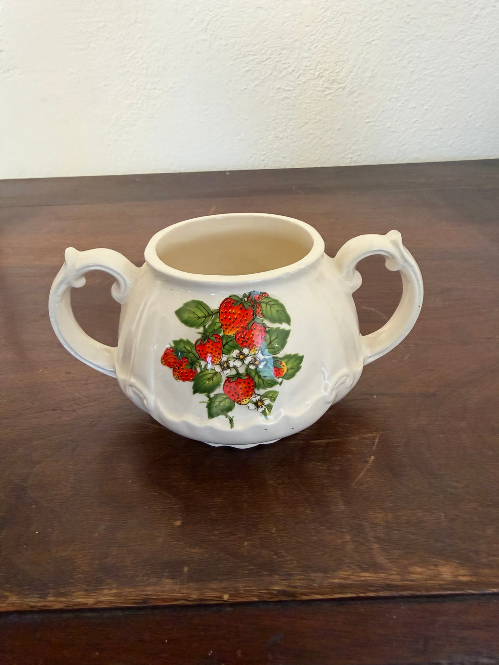 Vintage ceramic double handled sugar dish with Strawberry pattern