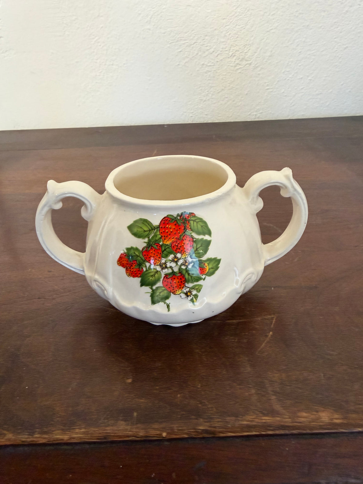 Vintage ceramic double handled sugar dish with Strawberry pattern