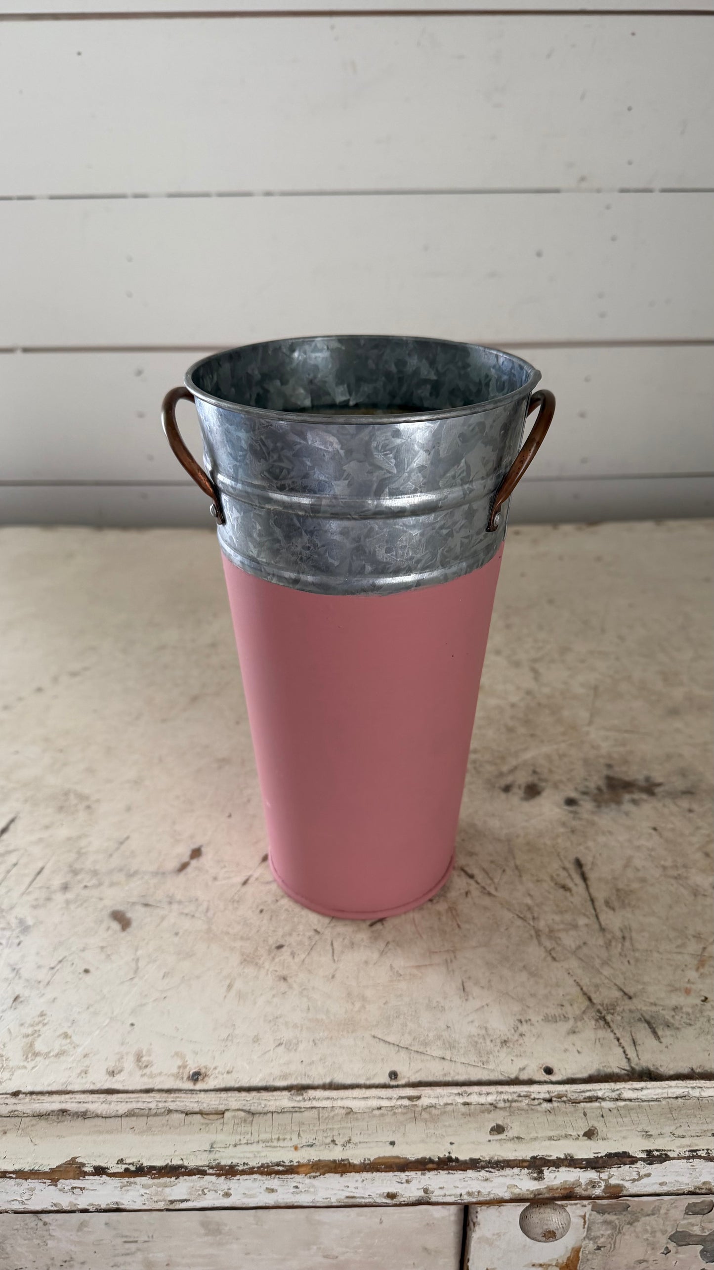 Galvanized Tin Bucket with Copper handles Painted in Veranda With a Transfer (FLORAL NOT INCLUDED)