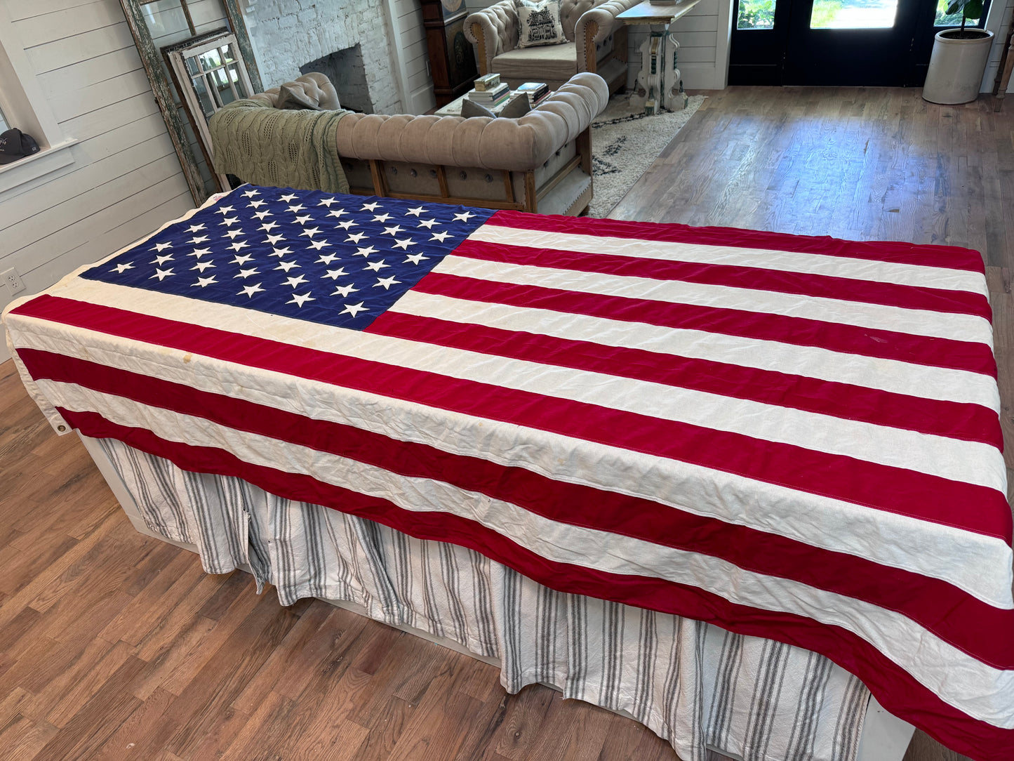 American Flag - Valley Forge 100% Cotton Bunting, Embroidered Stars has a few small stains from use.