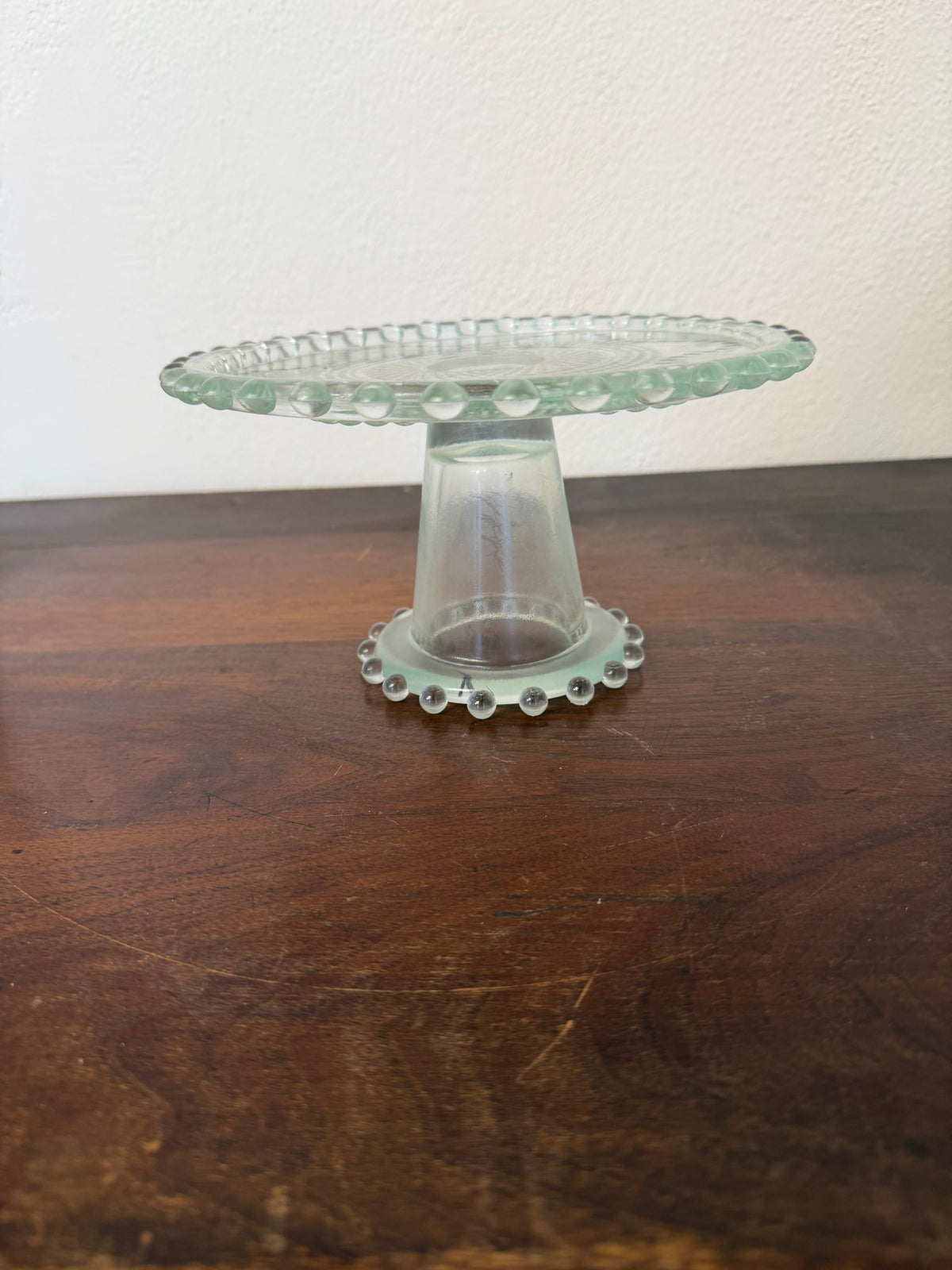 Vintgae Candlewick Style Beaded Glass Footed Cake Stand 8.5in Diameter