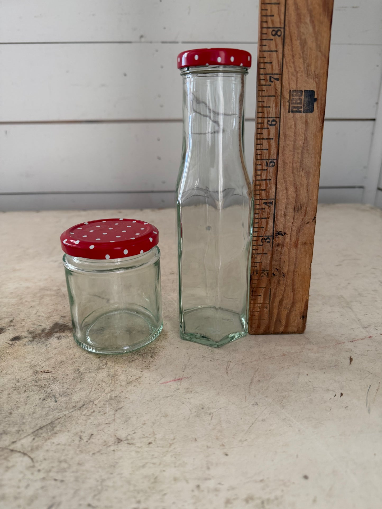 Set of English Bottles with red and white polka dot lids