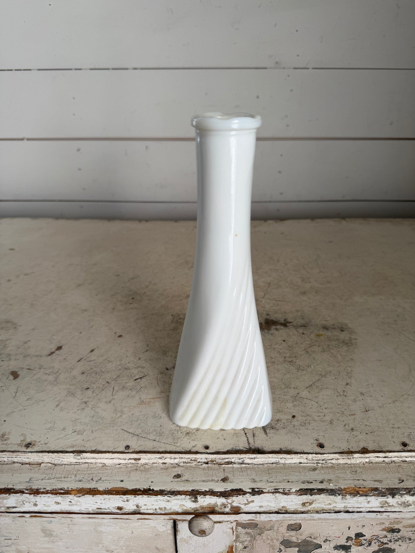 Geometric twisted Milk Glass Bud Vase