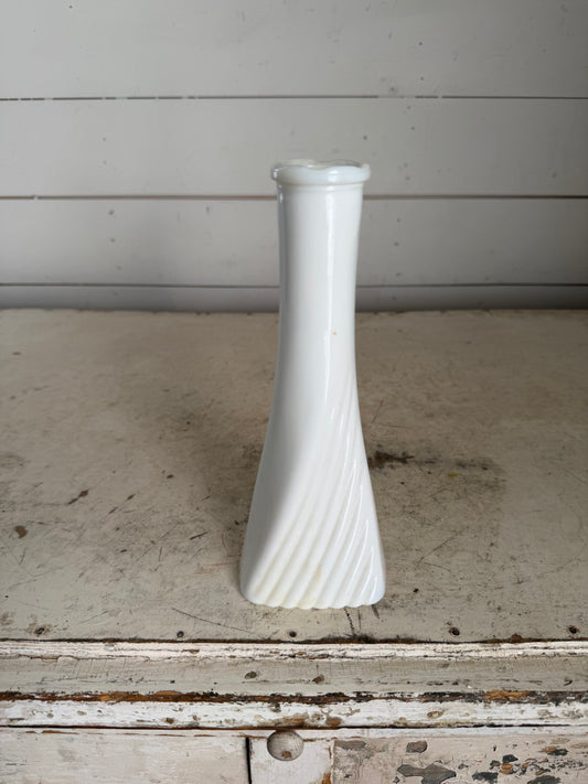 Geometric twisted Milk Glass Bud Vase