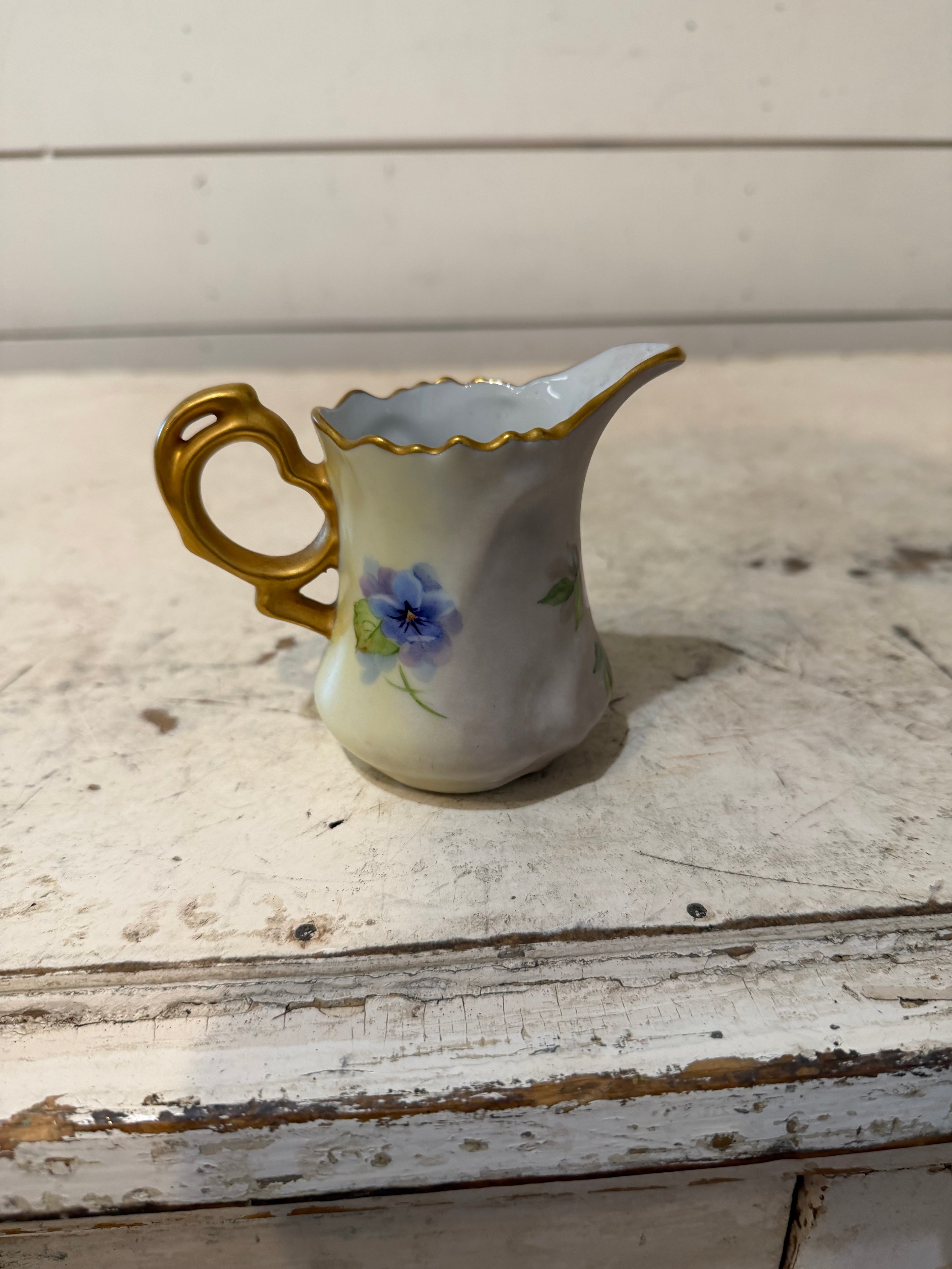 Hand Painted Floral Porcelain Creamer With Gold Handle