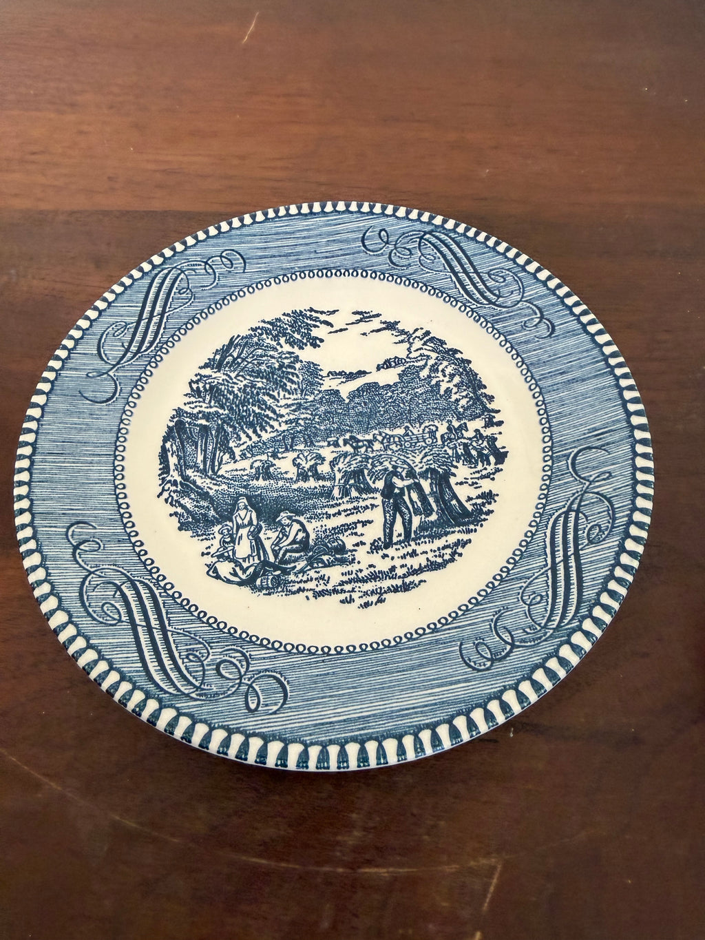 Vintage Currier and Ives Blue Flat Cup and Saucer