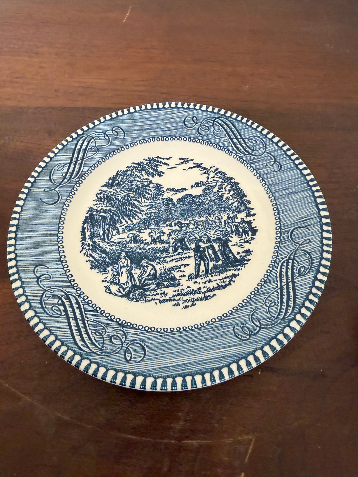 Vintage Currier and Ives Blue Flat Cup and Saucer