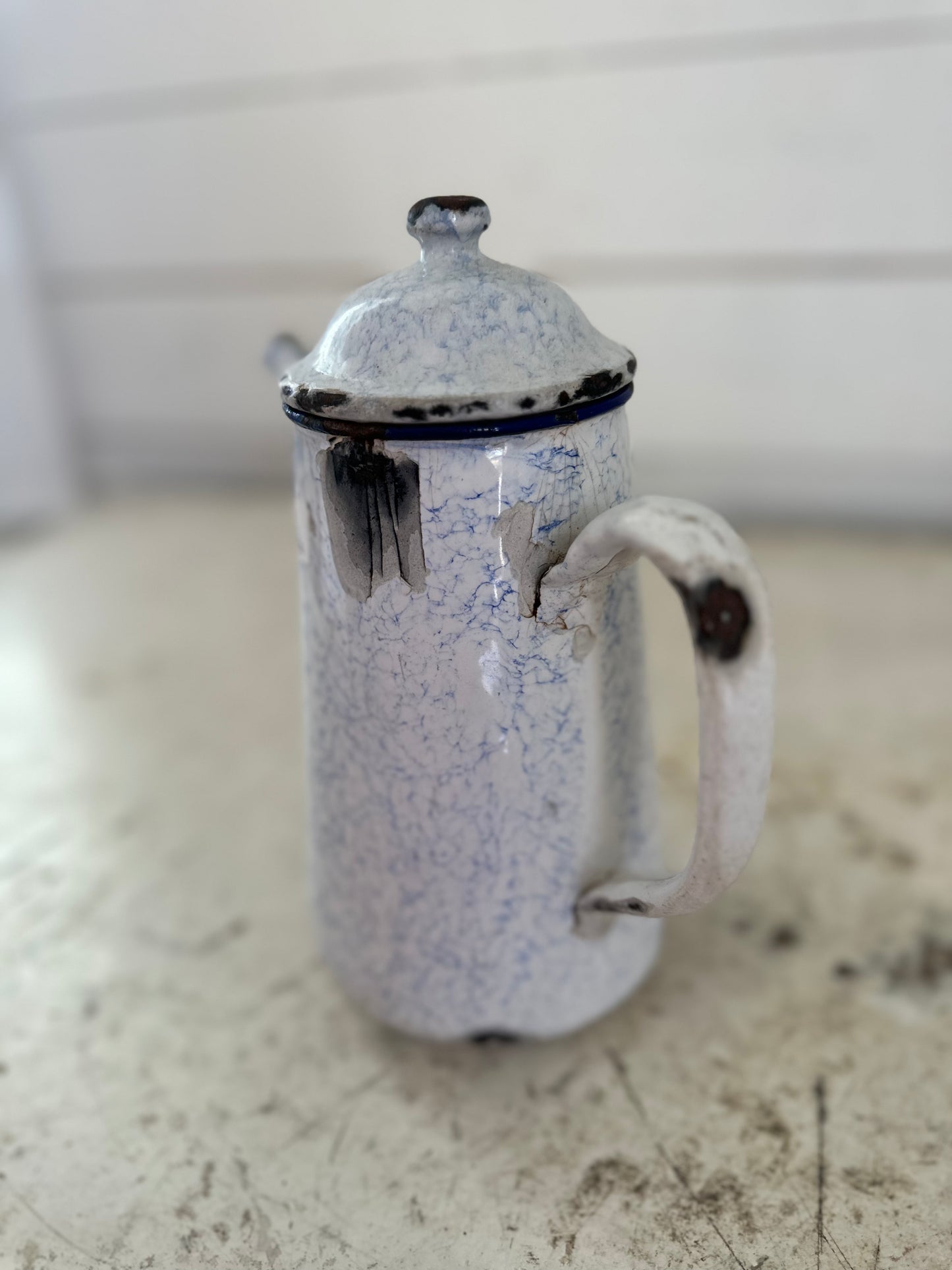 Antique French Enamel Coffee Pot Blue Speckle