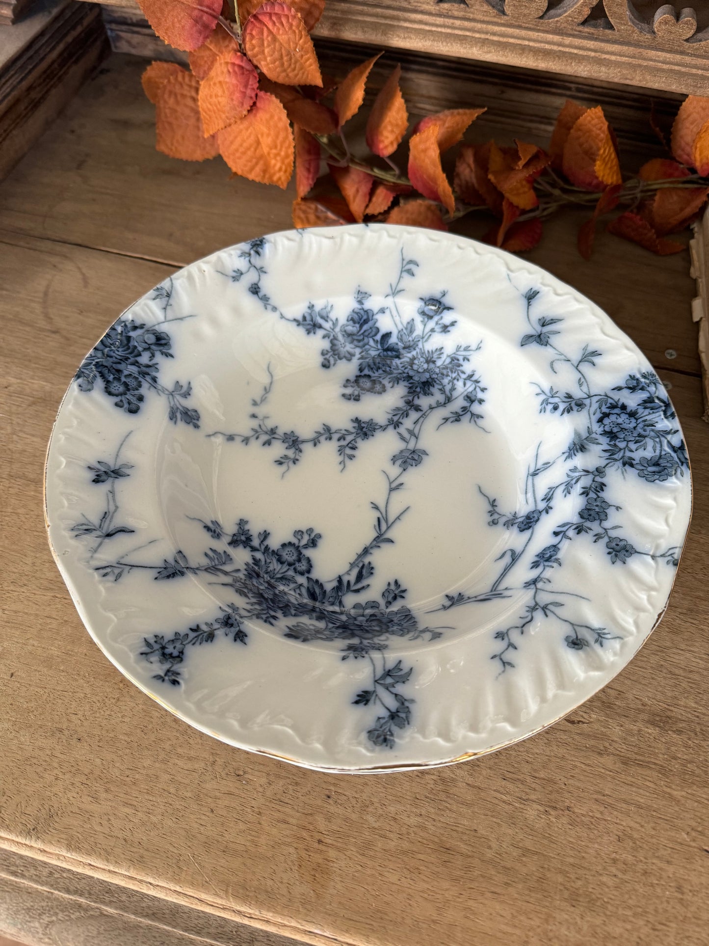 Ironstone Booth’s of England Royal Semi-Porcelain Princess Pattern 10-inch luncheon bowl Antique. Blue floral transfer ware on white