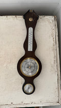 vintage German-made banjo-style weather station features a dark mahogany wood base, a barometer, a thermometer, and a hygrometer as is