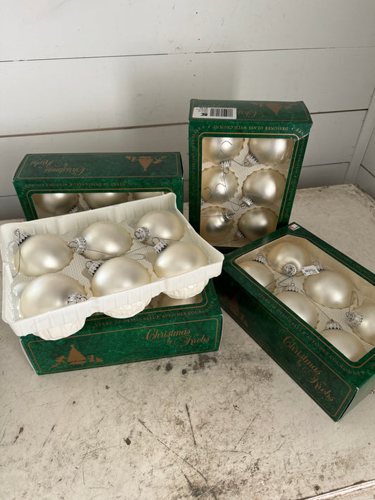 Vintage Christmas by Krebs Satin White Hand Blown Mercury Glass Ornaments, Six White Ornaments, Christmas Tree Decor  ~ boxes sold separately