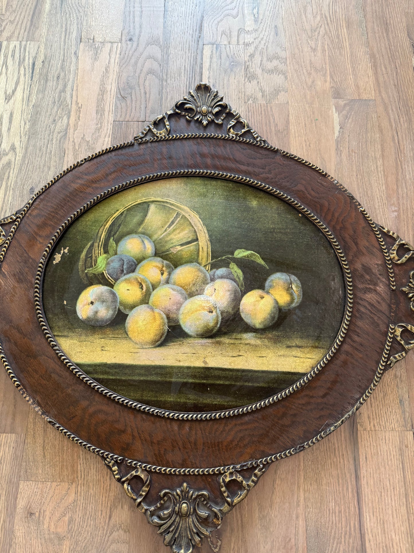 Gorgeous Antique Print Still Life Fruit with Oval Wood Frame
