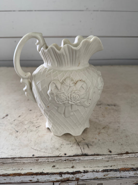 Vintage Ivory Bisque Pitcher With Floral Detail 7-1/2” tall - Will get makeover