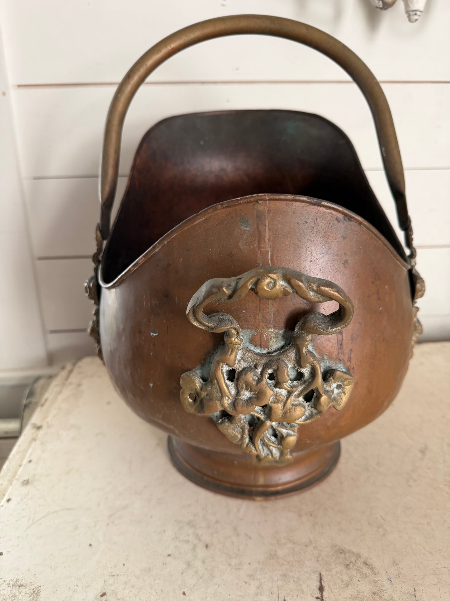Victoria Copper Coal Skuttle with cast brass floral detail
