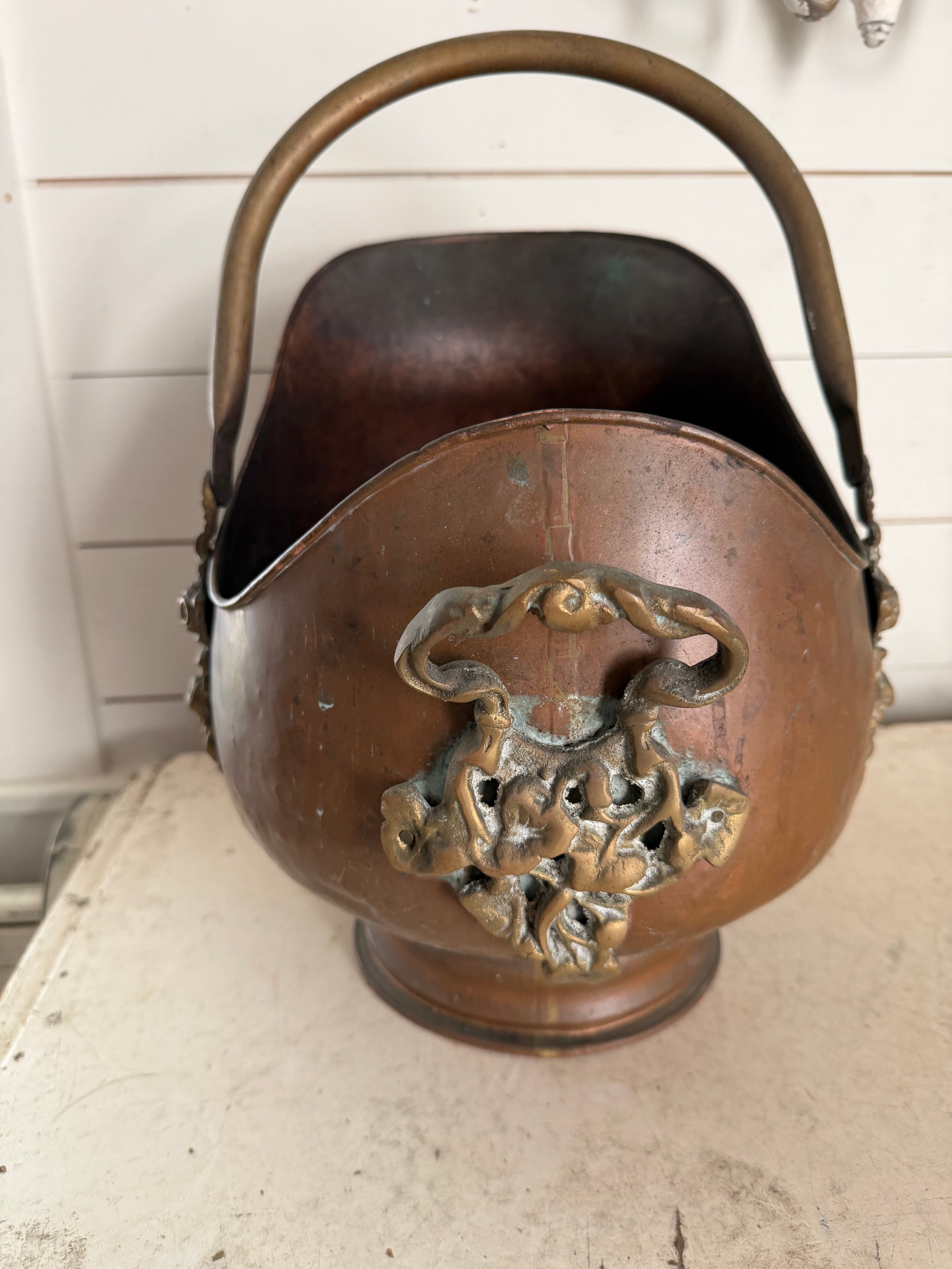 Victoria Copper Coal Skuttle with cast brass floral detail