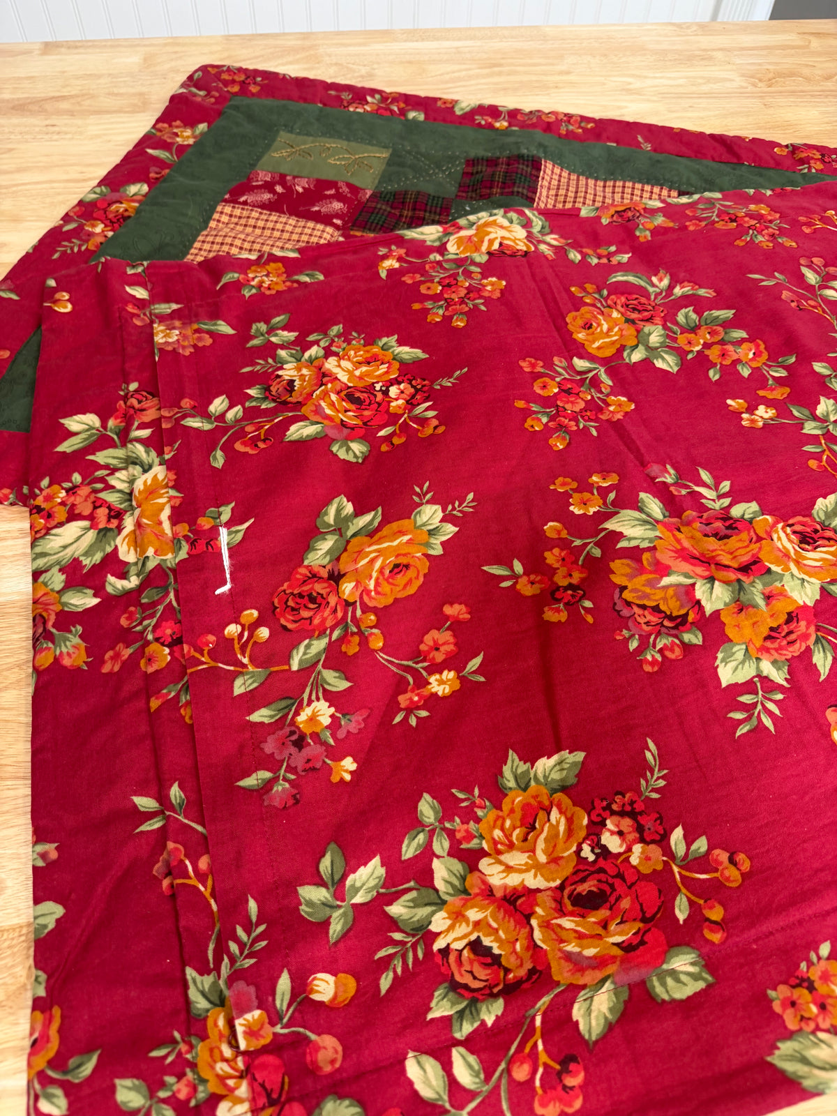 Pair Quilted Patchwork Standard Pillow Shams Embroidered Florals Country Rose