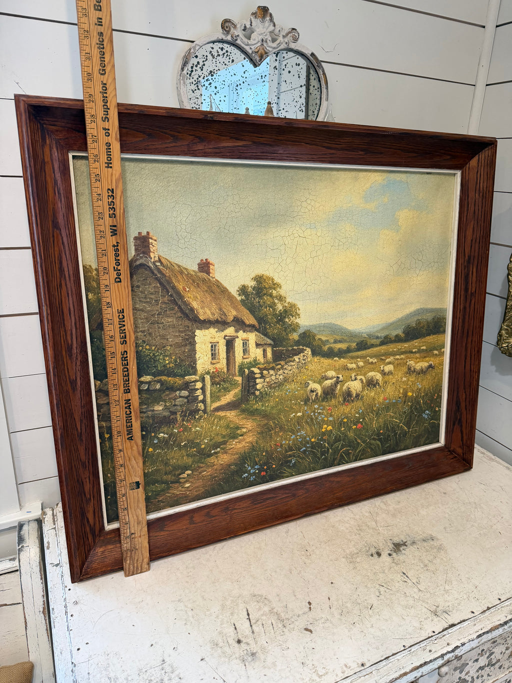 Oak Framed Print of Sheep in a Field By A Primitive Cottage
