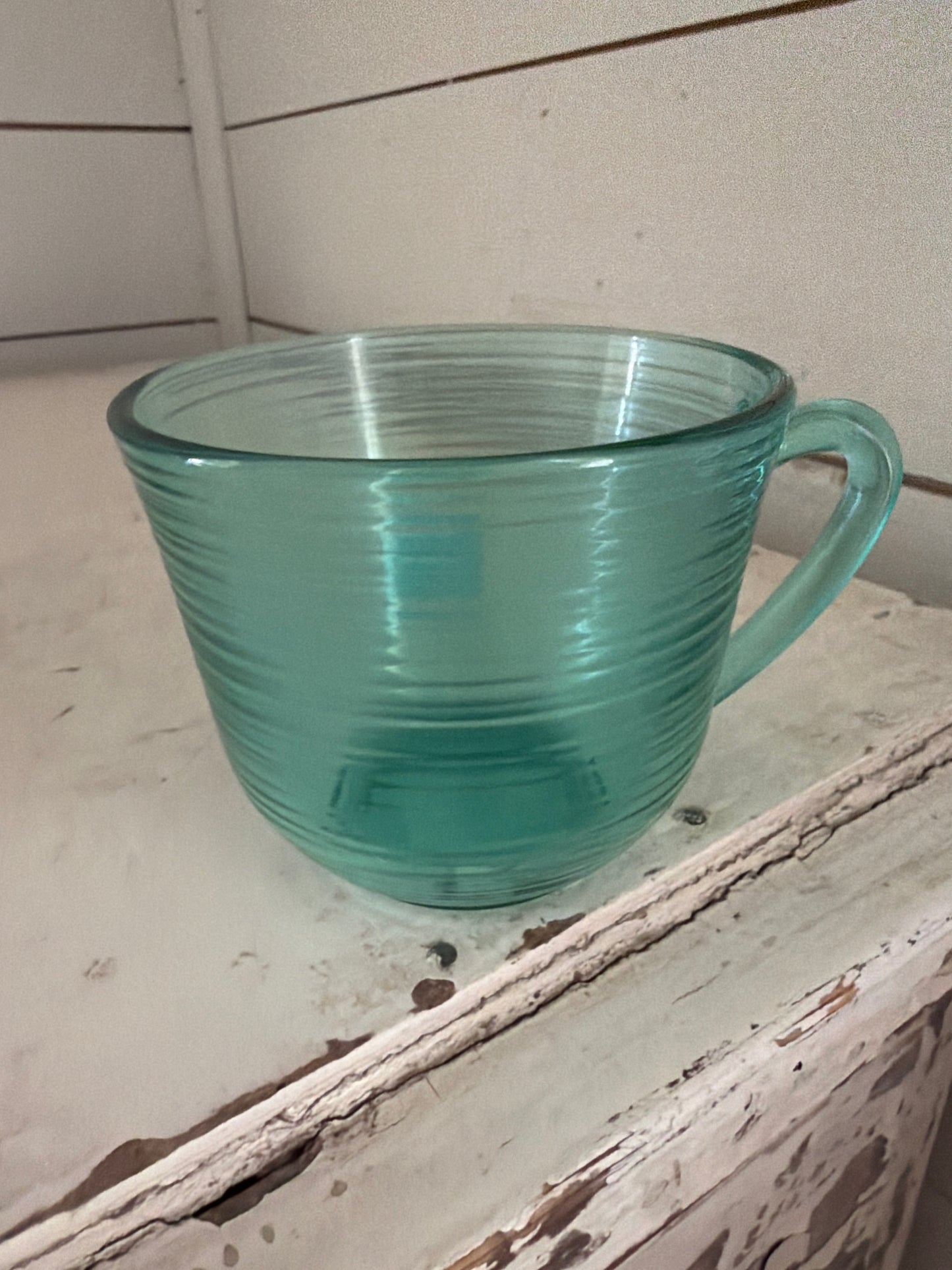 Set of 4 Tea Cups Arcoroc France Jardiniere Pattern Teal Turquoise Blue Ring
