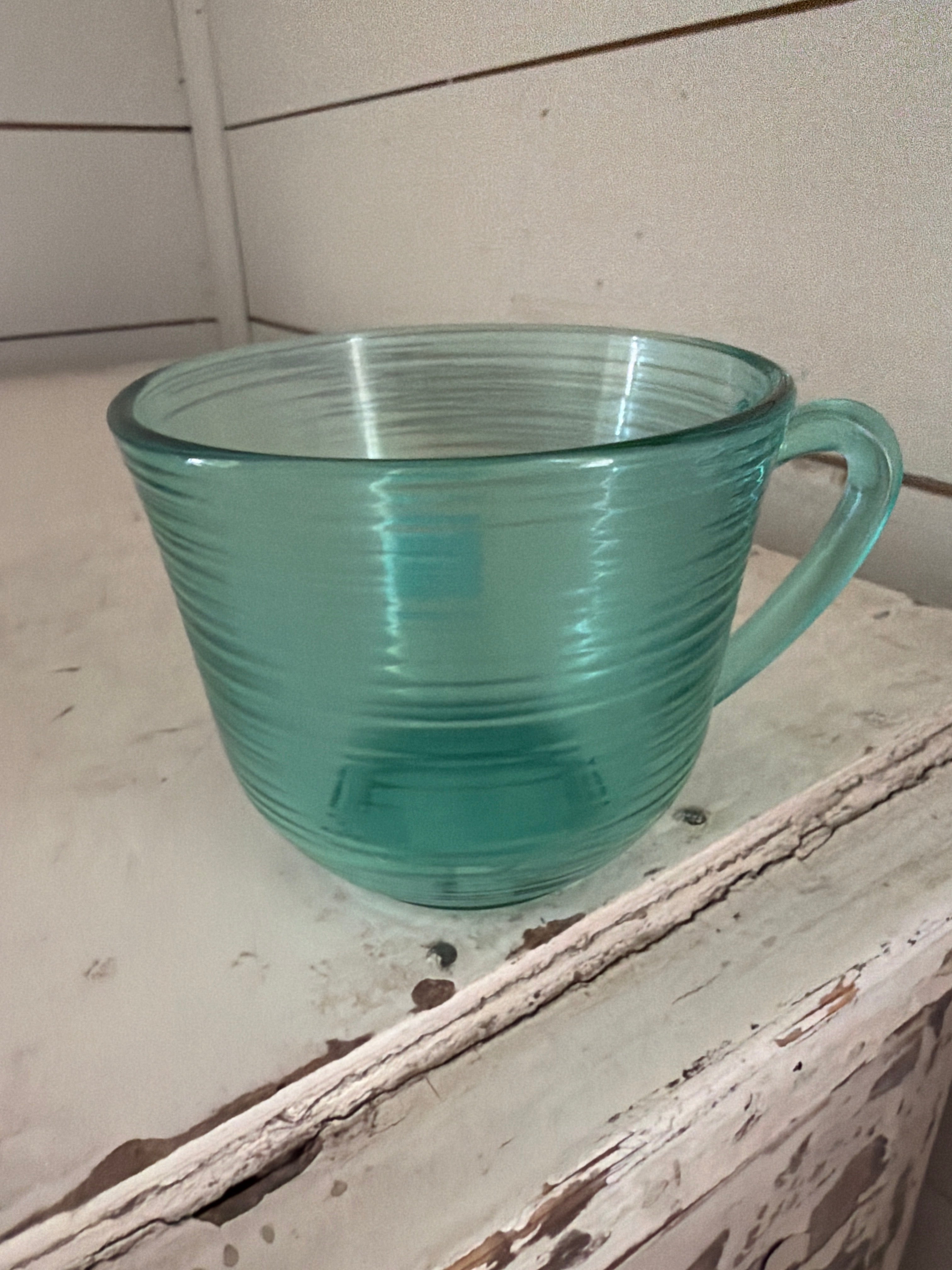 Set of 4 Tea Cups Arcoroc France Jardiniere Pattern Teal Turquoise Blue Ring