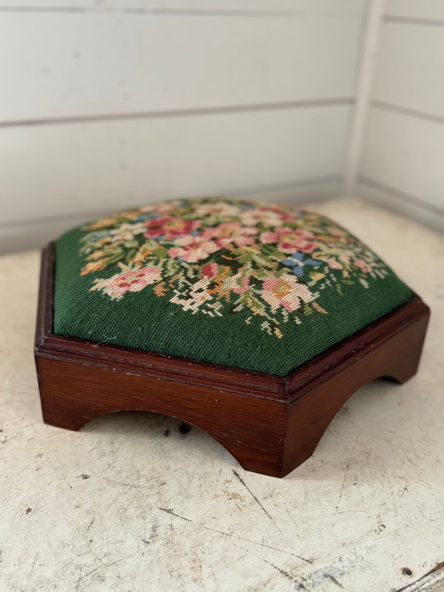 Vintage Upholstered Footstool, Hexagonal Handmade Tapestry Small Stool, Short Solid Wood Stool, Vintage Antique Victorian Floral Embroidery