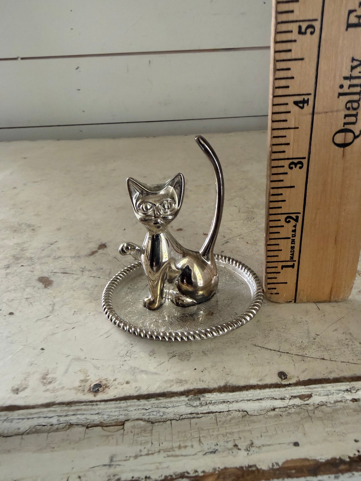 Vintage Silver Cat Ring Holder Trinket Tray Mid Century Modern Feline Vanity