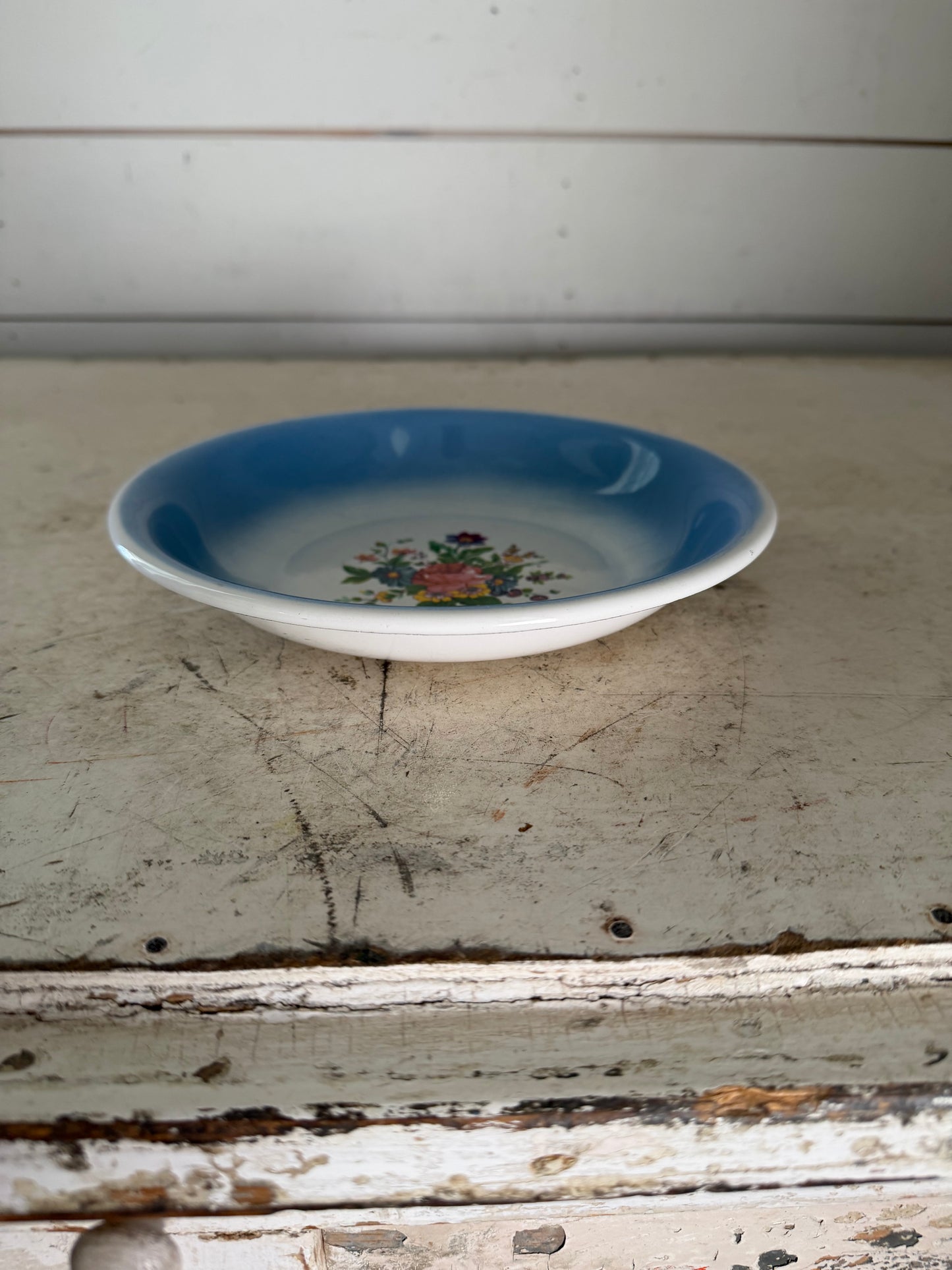 Vintage Blue and Floral Enamelware shallow Bowl