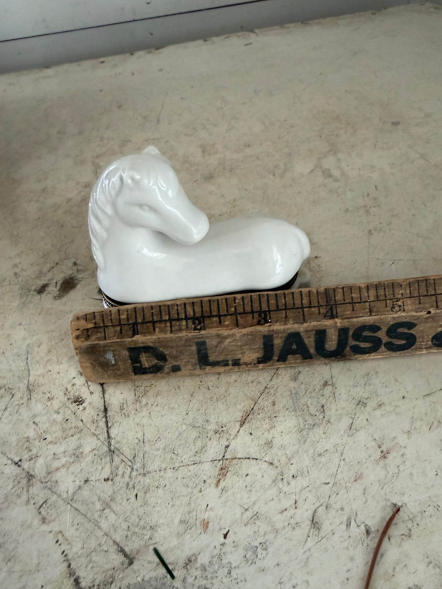 Vintage Porcelain White Horse Pony Hinged Trinket Box 4" Long 3.5" Tall