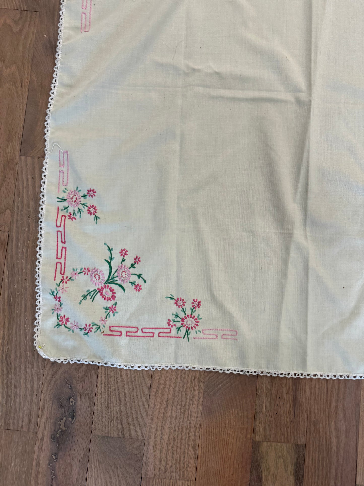 Vintage Pink Hand Embroidered Square Tablecloth Cotton Linen 34x34”