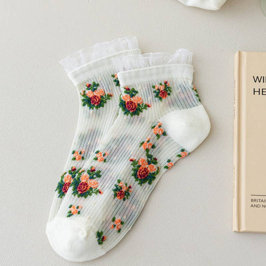 Small flower breathable thin white lace short sock
