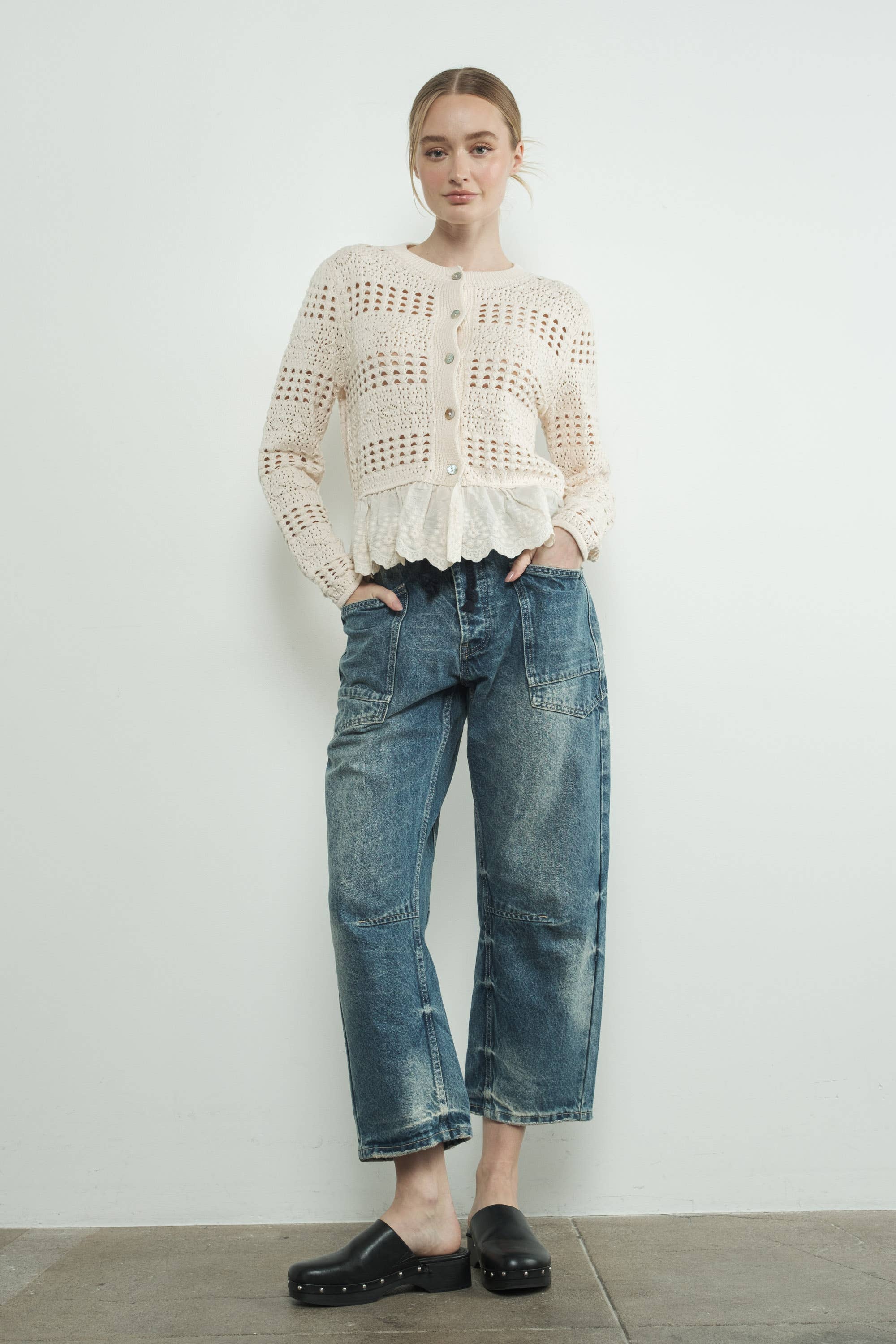 Barrel Denim Pants with Eyelet Waist: Medium Wash