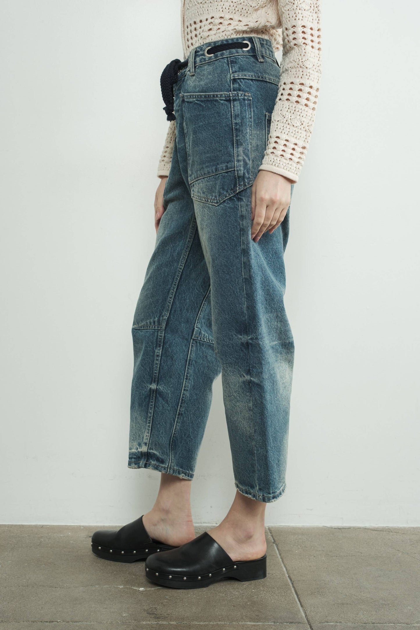 Barrel Denim Pants with Eyelet Waist: Medium Wash