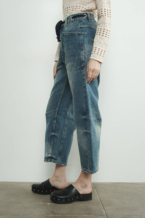 Barrel Denim Pants with Eyelet Waist: Medium Wash