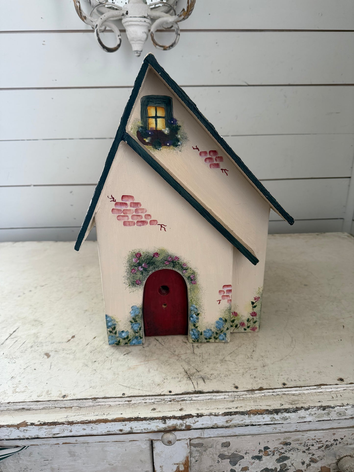 Large Hand painted Folk Art birdhouse no bottom